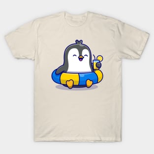 Cute Penguin With Swimming Tires And Orange Juice Cartoon T-Shirt